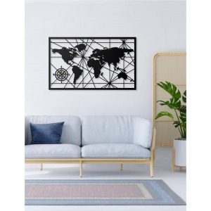 Dünya Haritası Tasarımlı Pusula Modeli Tek Parça Harita Modeli Duvar Dekoru Tablosu