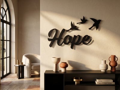 Modern Metal Hope Duvar Yazısı Kuş Figürlü Salon Ofis Dekoratif Tablo Duvar Dekoru