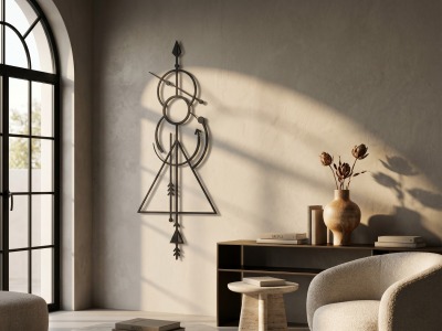 Modern Metal Ok ve Geometrik Sembollü Dikey Duvar Tablosu Salon Ofis Duvar Dekoru