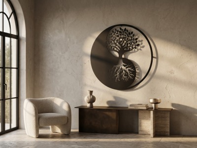 Modern Metal Yin Yang Hayat Ağacı Duvar Tablosu Yuvarlak Salon Ofis Duvar Dekoru