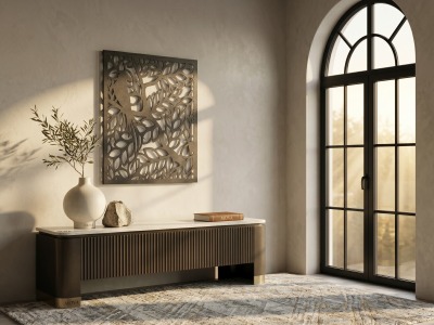 Modern Metal Ağaç ve Yaprak Tasarım Duvar Tablosu Dikdörtgen Botanik Salon Ofis Duvar Dekoru