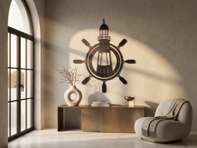 Modern Metal Deniz feneri ve Dümen Tasarım Duvar Tablosu Marin Salon Ofis Duvar Dekoru