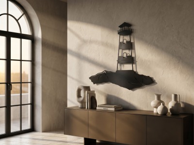 Modern Metal Deniz Feneri ve Kayalık Tasarım Duvar Tablosu Marin Salon Ofis Duvar Dekoru