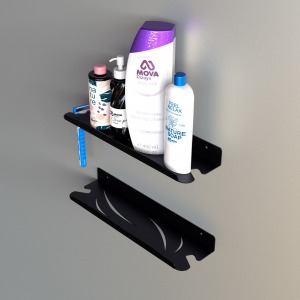 Modern Metal Banyo Rafı, İkili Set, Siyah Metal, Duvar Montajlı, Vidalı Tasarım