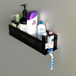 Modern Banyo Duş Rafı, Metal, 37x10 cm, Siyah, Şampuan ve Traş Bıçağı ve Diş Fırçası Tutuculu
